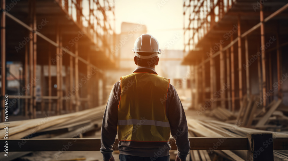 Construction worker with safety helmet in front of a building in construction , construction industry concept background - obrazy, fototapety, plakaty 