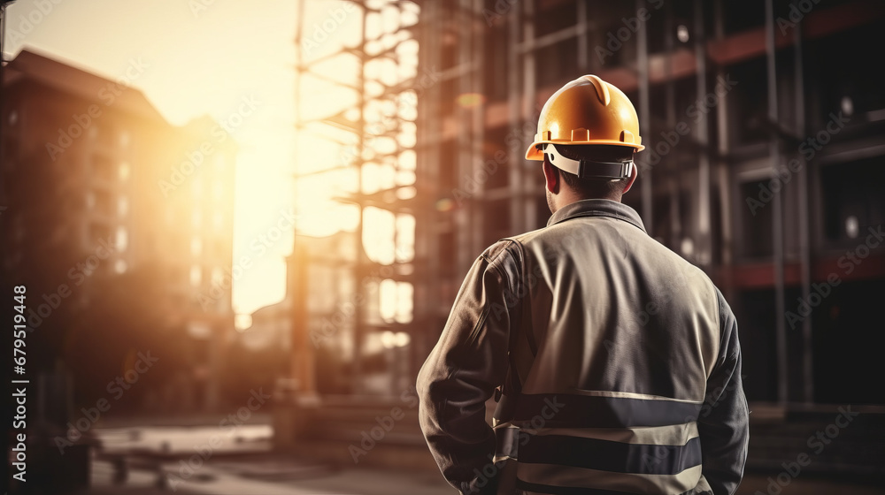 Construction worker with safety helmet in front of a building in construction , construction industry concept background Construction worker with safety helmet in front of a building in construction , construction industry concept background