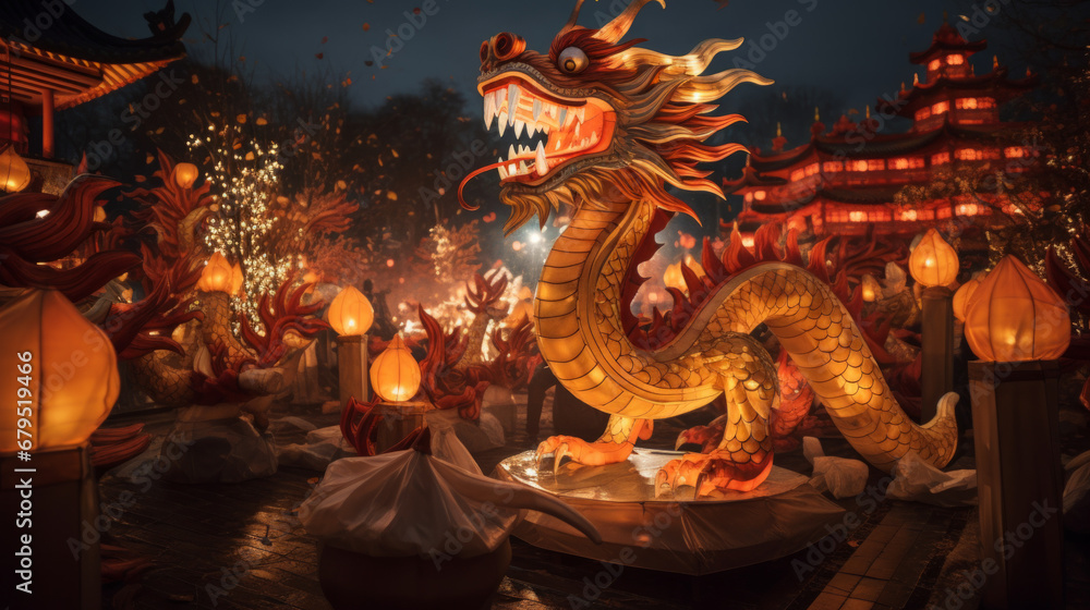 Chinese new year 2024 background with a wood dragon sign sculpture and Chinese lanterns Chinese new year 2024 background with a wood dragon sign sculpture and Chinese lanterns