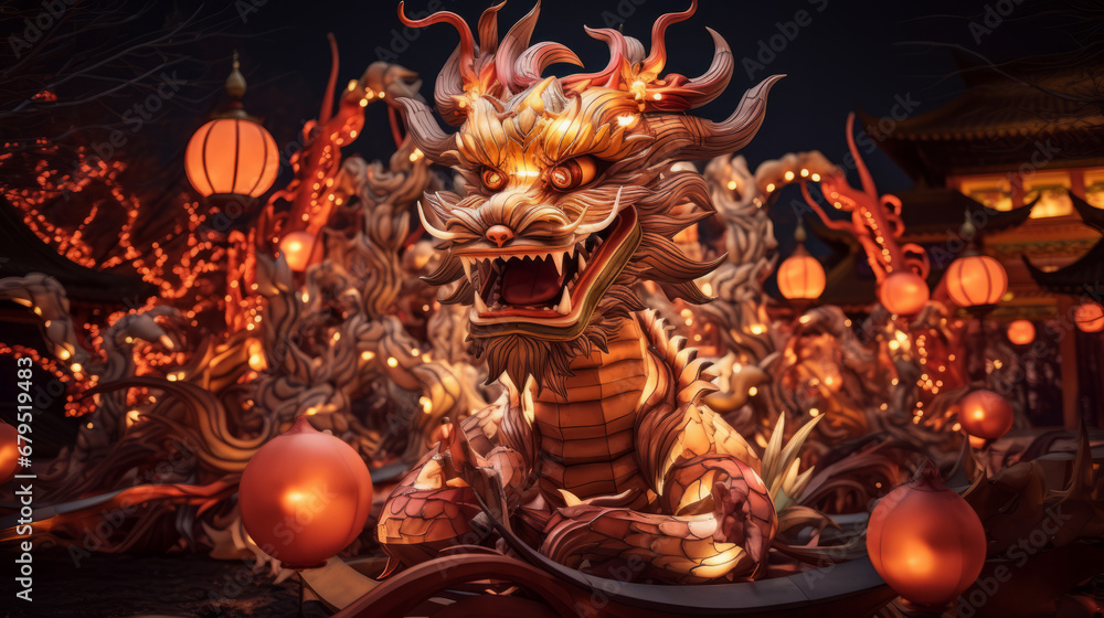 Chinese new year 2024 background with a wood dragon sign sculpture and Chinese lanterns