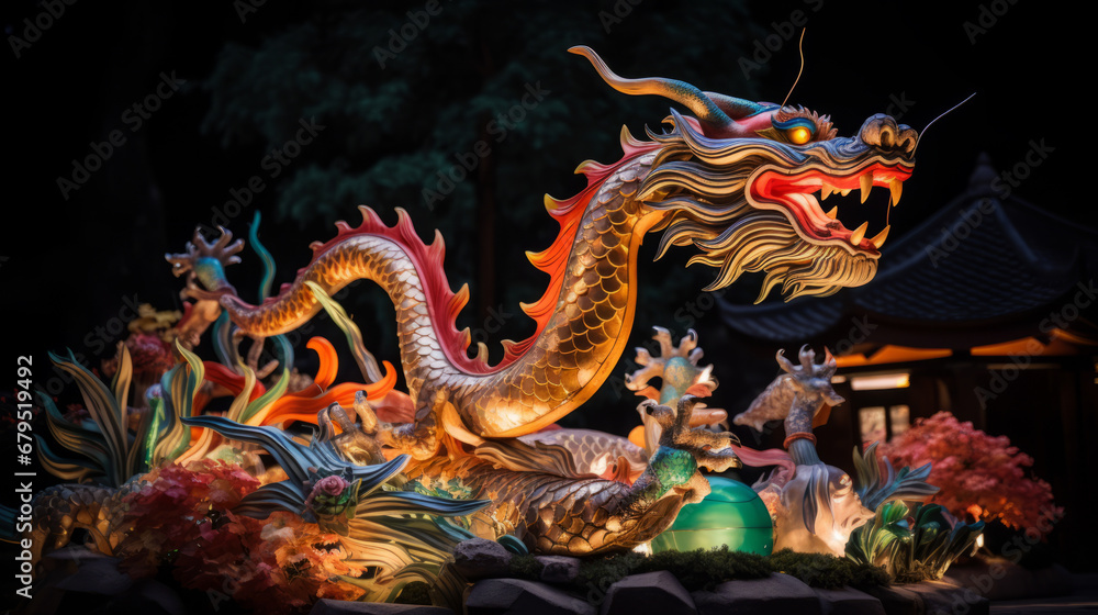 Fototapeta premium Chinese new year 2024 background with a wood dragon sign sculpture and Chinese lanterns