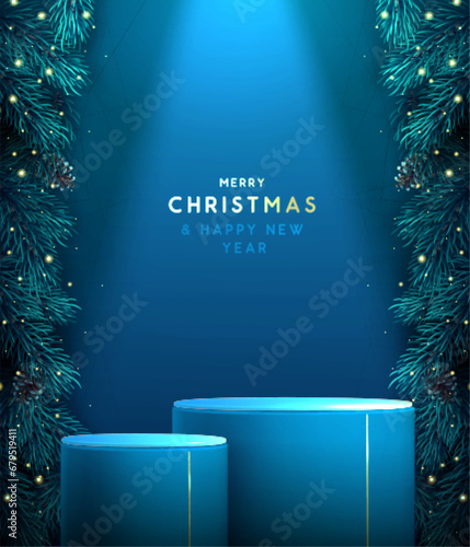 Holiday Christmas showcase blue sparkle background with 3d podium and Christmas tree texture. Abstract minimal scene. Vector illustration