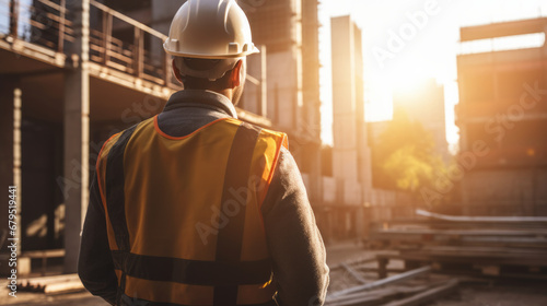 Construction worker with safety helmet in front of a building in construction , construction industry concept background photo