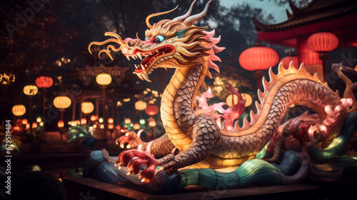 Chinese new year 2024 background with a wood dragon sign sculpture and Chinese lanterns