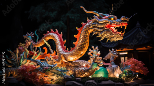 Chinese new year 2024 background with a wood dragon sign sculpture and Chinese lanterns