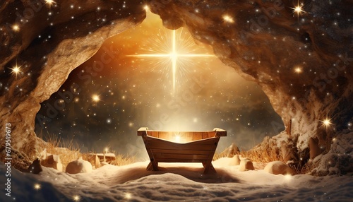  Inside the cave with empty wooden manger. Birth of Jesus Christ. photo