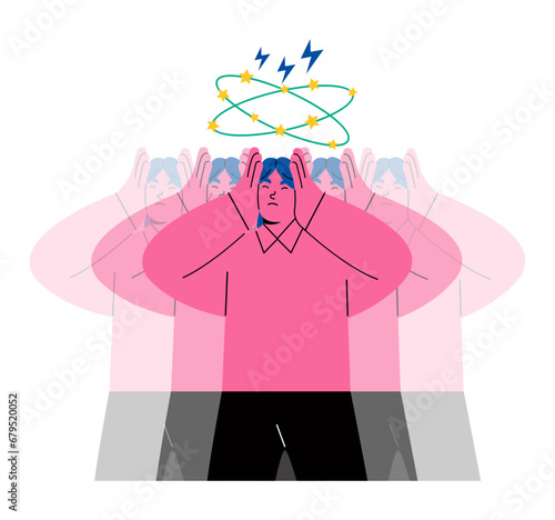Sad business woman having dizzy symptoms. Dizziness concept. Flat vector illustration isolated on white background