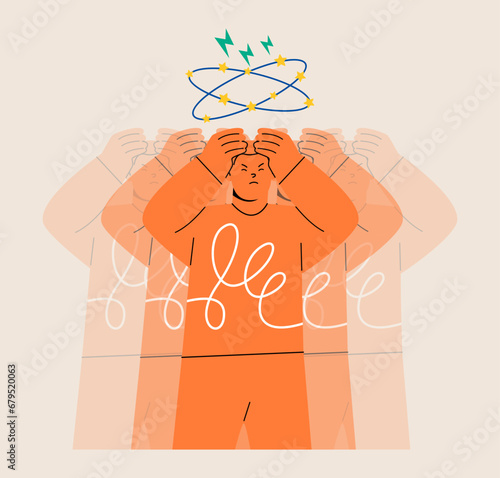 Sad man having dizzy symptoms. Dizziness concept. Colorful vector illustration