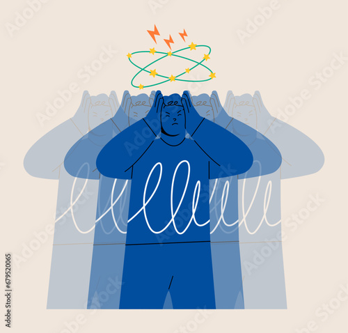 Sad man having dizzy symptoms. Dizziness concept. Colorful vector illustration
