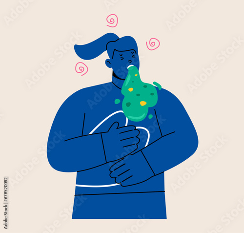 Female is suffering from vomiting. Food poisoning concept. Colorful vector illustration