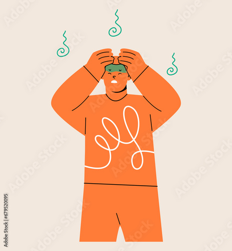 Food poisoning concept. Man held his head because  felt dizzy. Colorful vector illustration