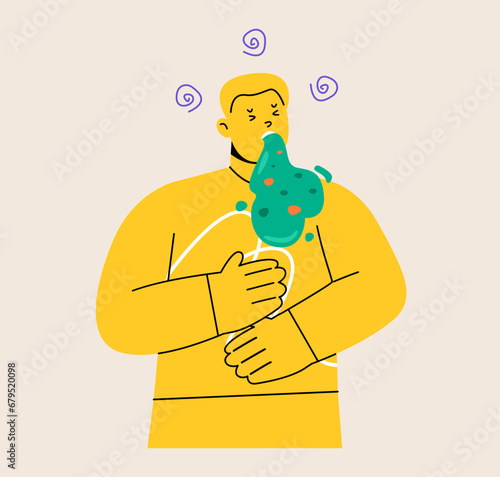 Male is suffering from vomiting. Food poisoning concept. Colorful vector illustration