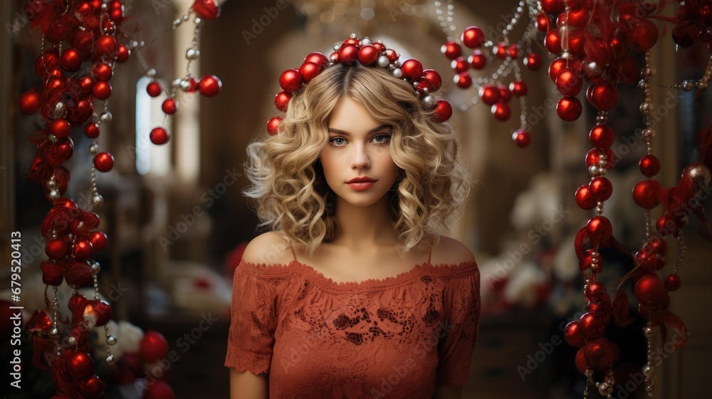 Curly blonde hair woman with small red Christmas balls on head Curly blonde hair woman with small red Christmas balls on head