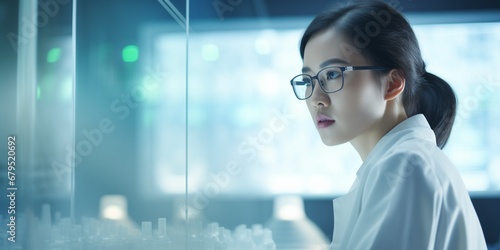 woman scientist looking through window