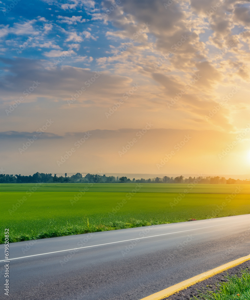Straight country road and green farmland natural scenery at sunrise
