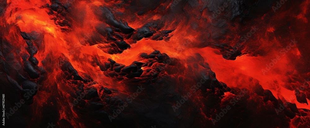 Molten lava-red and obsidian black paints colliding with fierce intensity, creating a dramatic and powerful visual spectacle.