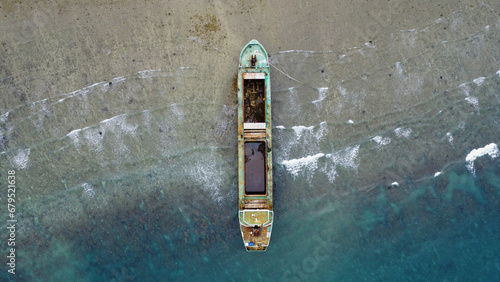 Aerial Top View Of Sunken Cargo Ship Tanker Wrecked