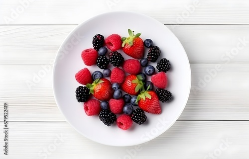 raspberries  strawberries  blackberries  wild strawberries  blueberries on white plate on white wooden table for food card design