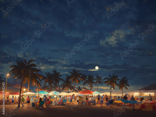 Summer Night Beach Night Market Illustration © Jin