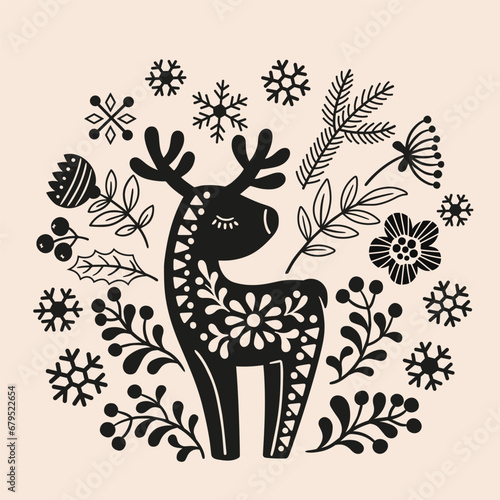 Vector hand drawn illustration of animals in Nordic style hygge. Silhouette of a deer in a floral pattern in a folk Scandinavian style
