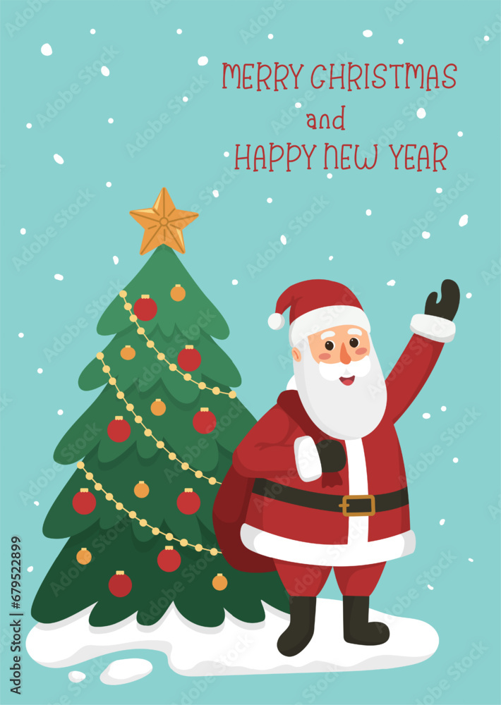 Christmas card or poster Santa Claus with bag of gifts, Christmas tree, snow and text Merry Christmas and Happy New Year on blue background. Flat cartoon vector illustration.