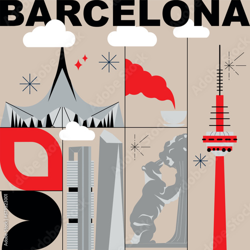Typography word Barcelona branding technology concept. Collection of flat vector web icons. Catalonia culture travel set, famous architectures, specialties detailed silhouette European famous landmark photo
