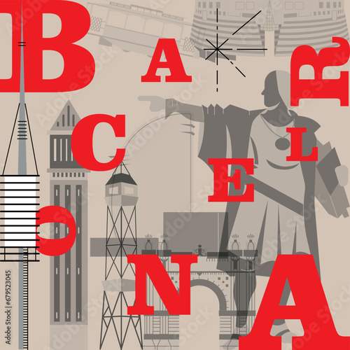 Typography word Barcelona branding technology concept. Collection of flat vector web icons. Catalonia culture travel set, famous architectures, specialties detailed silhouette European famous landmark