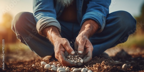 Farmer carefully plants sprouts and seeds