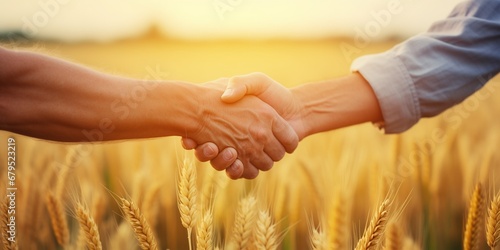 two farmers shake hands in front of a wheat field