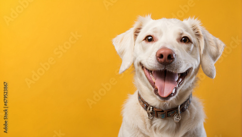smiling white dog facing the camera yellow background photo