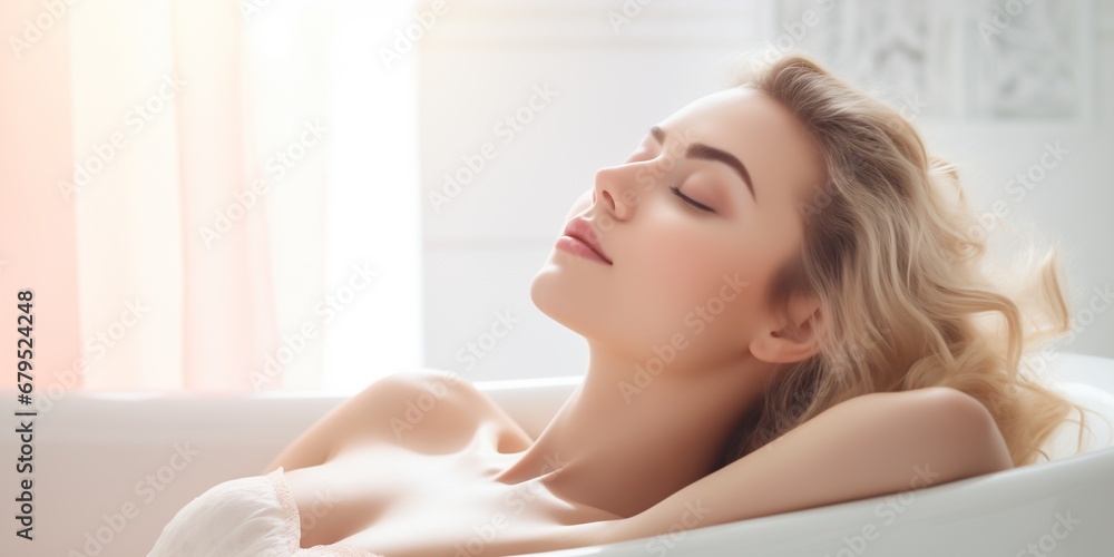 Naklejka premium A woman in the bathroom relaxes and rests.