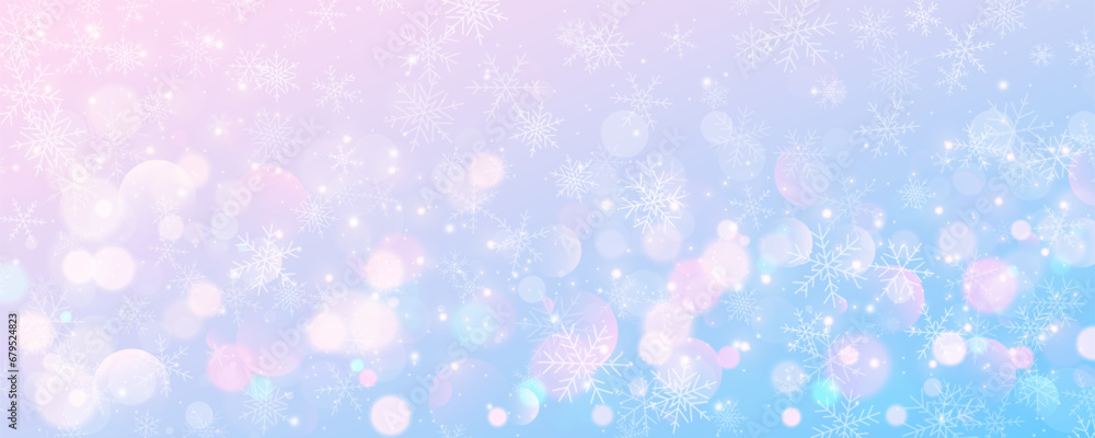 Christmas snowy background. Cold pink blue pastel winter sky. Vector ice blizzard on gradient texture with bokeh and flakes. Festive new year theme for season sale wallpaper. Christmas snowy background. Cold pink blue pastel winter sky. Vector ice blizzard on gradient texture with bokeh and flakes. Festive new year theme for season sale wallpaper.