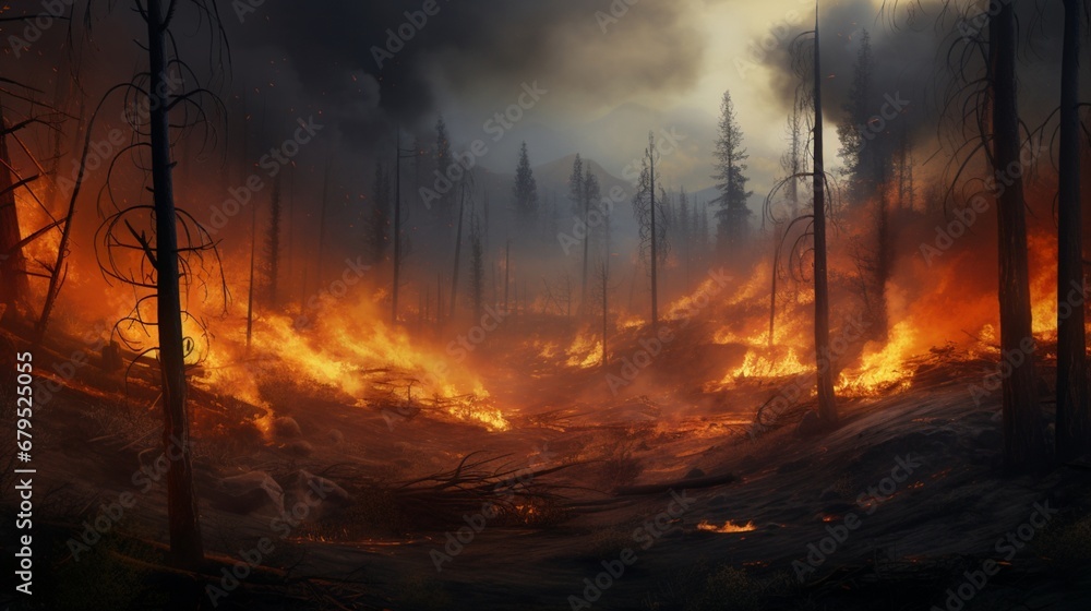 In a simulated wilderness, wildfires endanger the ecosystem, necessitating advanced containment measures In a simulated wilderness, wildfires endanger the ecosystem, necessitating advanced containment measures