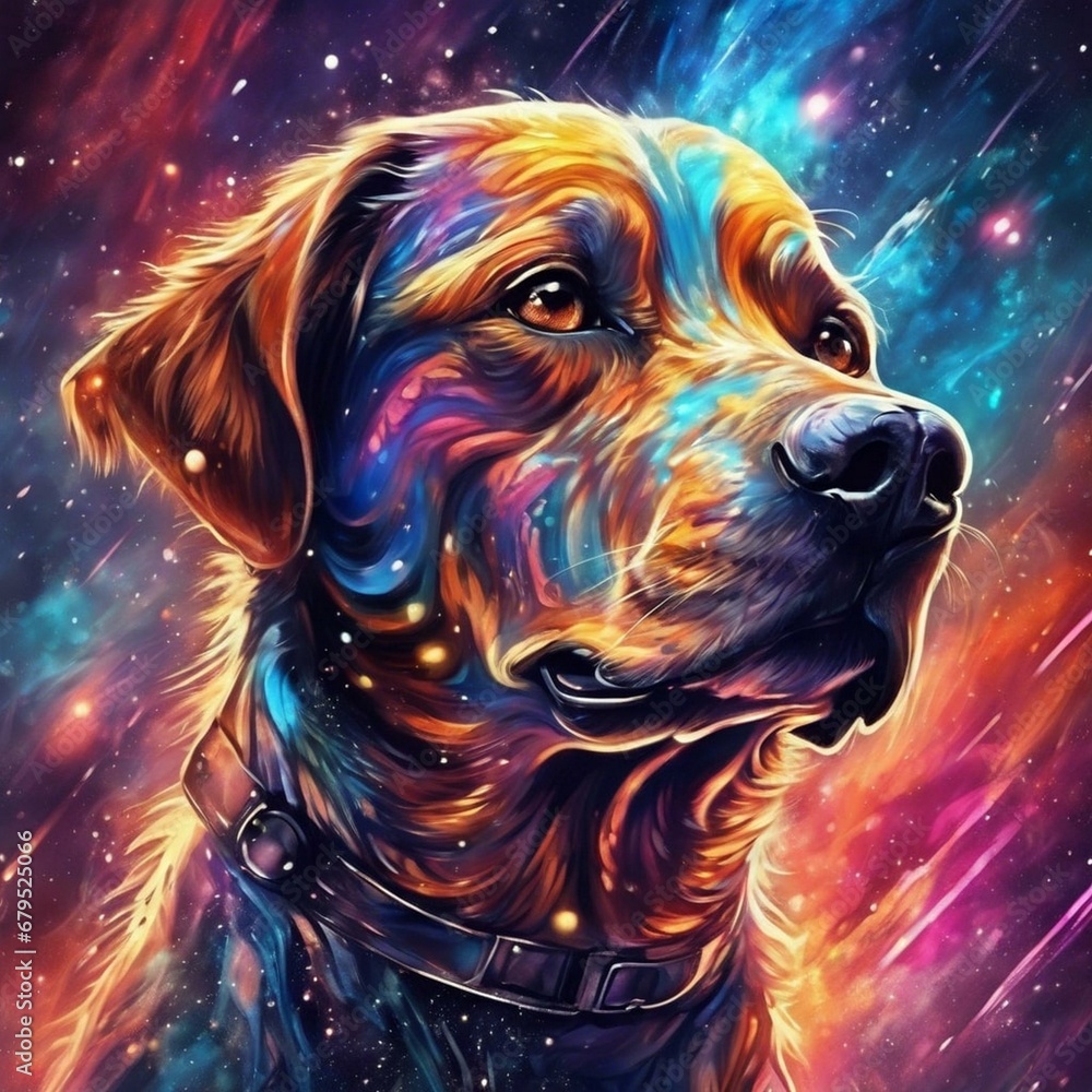 mysterious cosmic dog, intense, stylized, detailed, high resolution, contemporary art