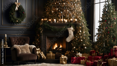 Stylish room interior with beautiful Christmas tree and decorative fireplace and christmas stockings