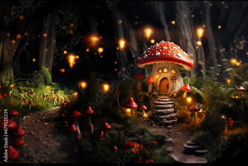 Miniature fairy house in amanita muscaria mushroom. Fairy tale mushroom house in the middle of a magical forest photo