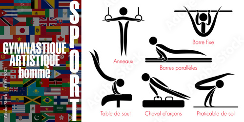 Ensemble de pictogrammes représentant les 4 disciplines sportives de gymnastique artistique pour les hommes - Texte sur un fond de drapeaux mondiaux, Traduction : sport, gymnastique artistique, homme.