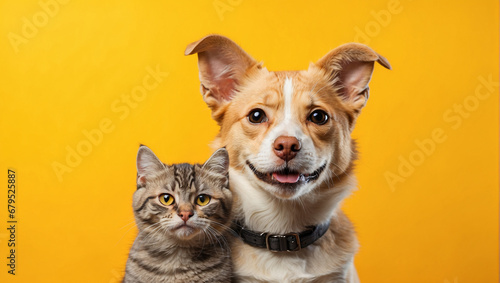 cat and dog in front of bright yellow background