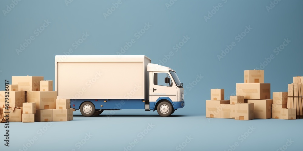 New home moving service. Truck with boxes