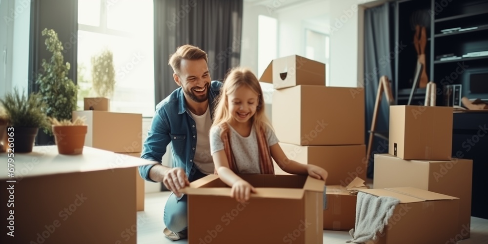 Moving a family to a new home. Cardboard boxes for things Moving a family to a new home. Cardboard boxes for things