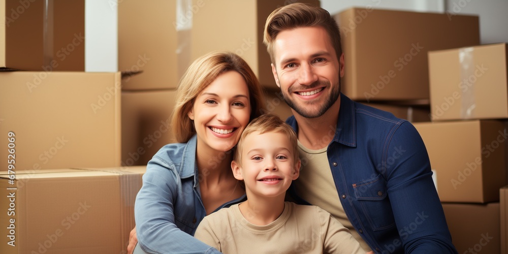 Moving a family to a new home. Cardboard boxes for things Moving a family to a new home. Cardboard boxes for things