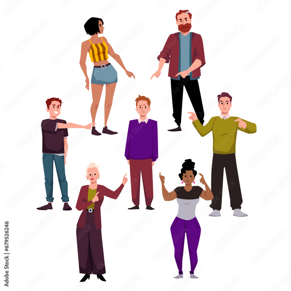 Fototapeta premium People pointing fingers at the man in the center, vector on white