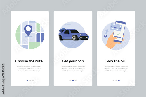 Onboarding screens for online taxi booking app. Online order booking transportation onboarding screens template for mobile apps on smartphone or website