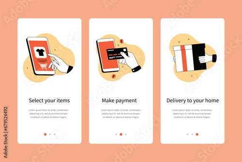 Online shopping concept onboarding app screens. Onboarding screens template for mobile apps