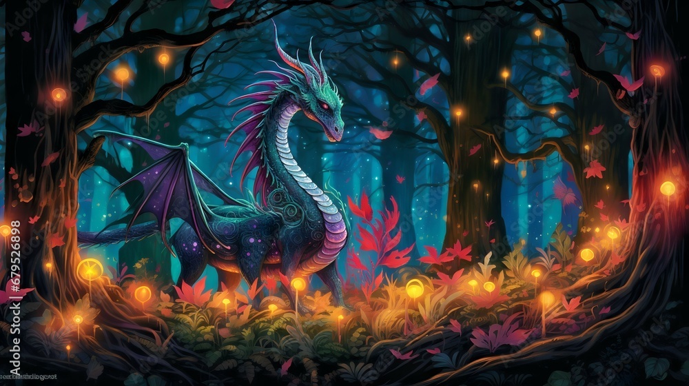 blue dragon standing with dignity in a mystical forest blue dragon standing with dignity in a mystical forest