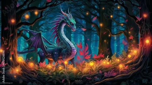 blue dragon standing with dignity in a mystical forest