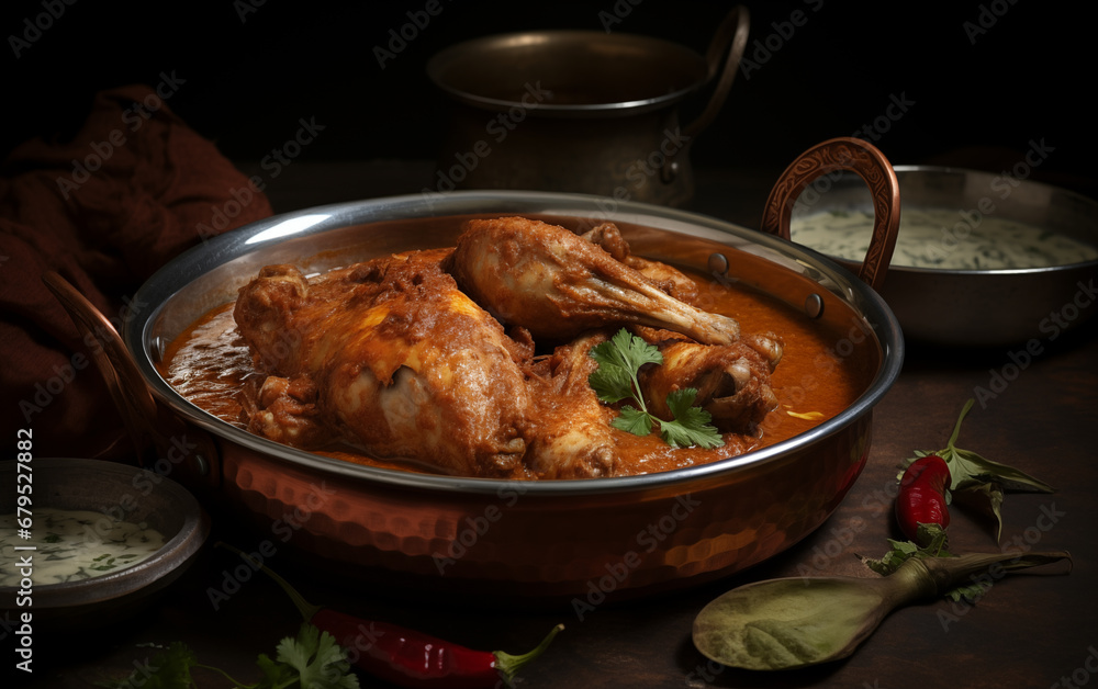 Indian Famous Cuisine: Chicken Gravy in Metal Serving Bowl Indian Famous Cuisine: Chicken Gravy in Metal Serving Bowl