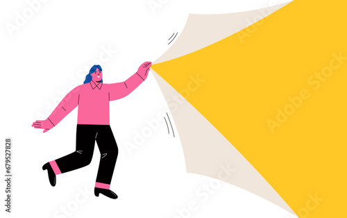 Business woman pull rope to open empty paper. Flat vector illustration isolated on white background