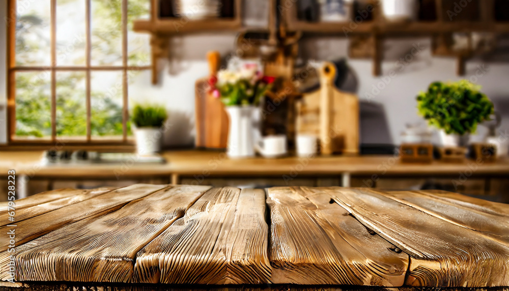 Chic Culinary Setting: Brown Table Against Kitchen Blur