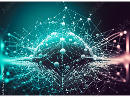 Abstract technology background of a quantum computing system with a cyber network grid and connected particles. Artificial neurons, global data connections